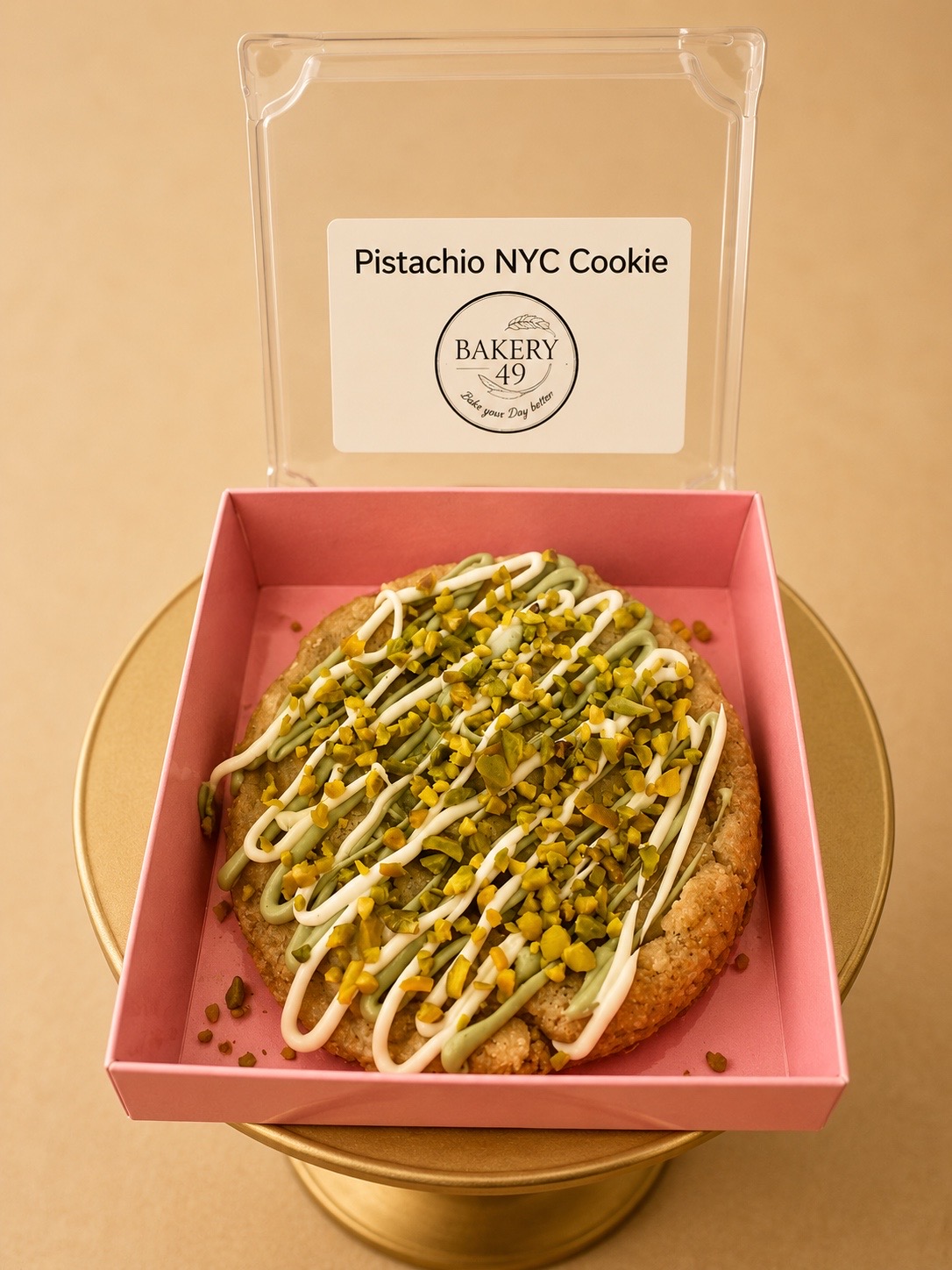 Pistachio NYC cookie topped with crushed pistachios in a pink box